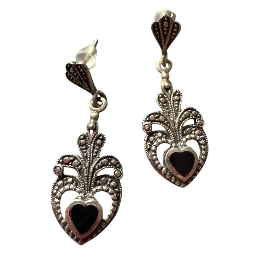 925 Sterling Silver & Onyx Heart Earrings